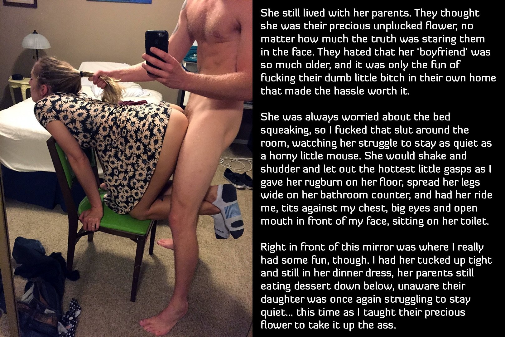 Their precious flower, my plucked slut. [adult girl fucked at her parent's house / age difference / hold the moan / maledom]