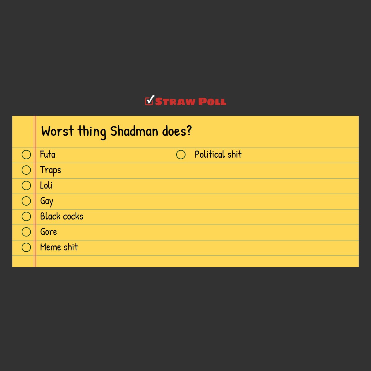 What is the worst thing Shadman does in his art? (POLL)