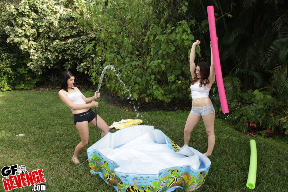 Playful brunette amateurs have some wet lesbian fun outdoor