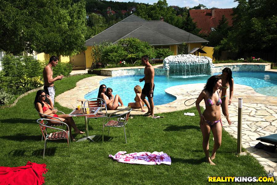 Horny hotties giving blowjobs and fucking hardcore at the pool party