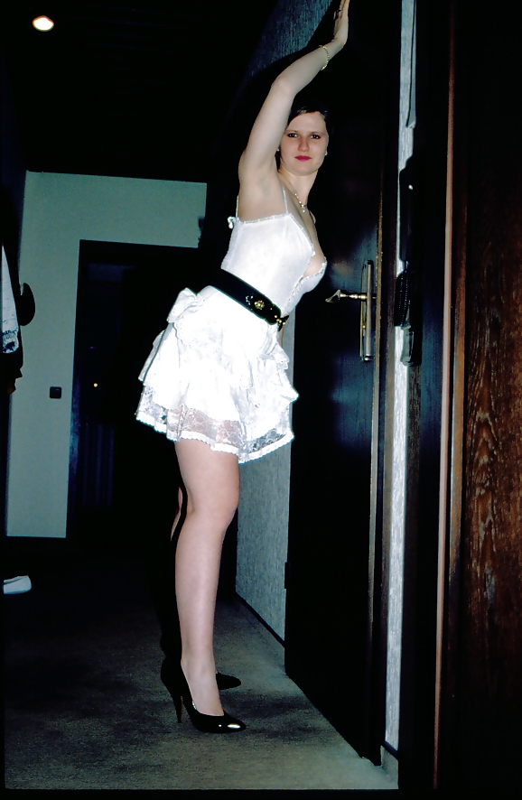 SAG - Babe White Tiered Skirt Knob Bustier Black Heels 03
