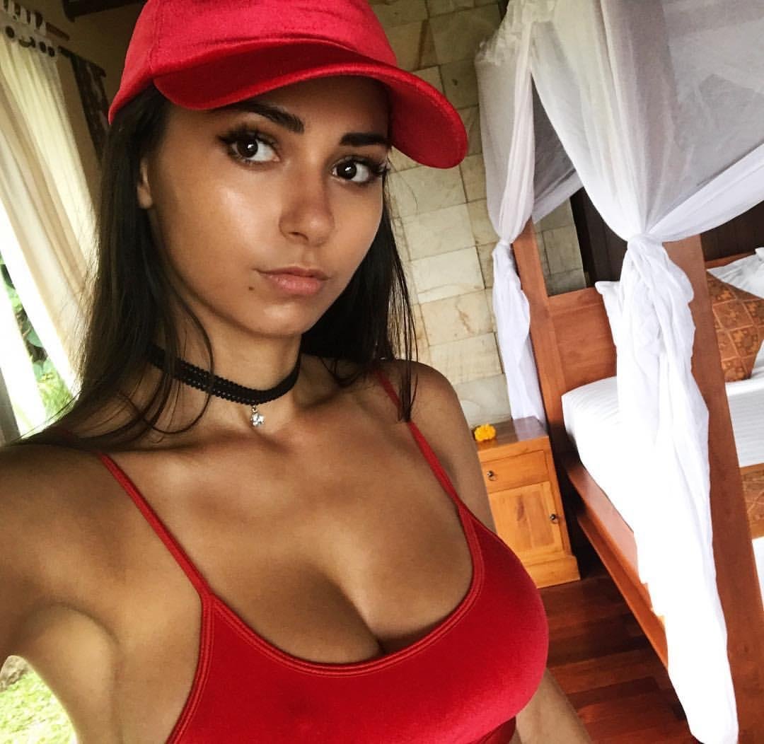 Red cleavage with a hat