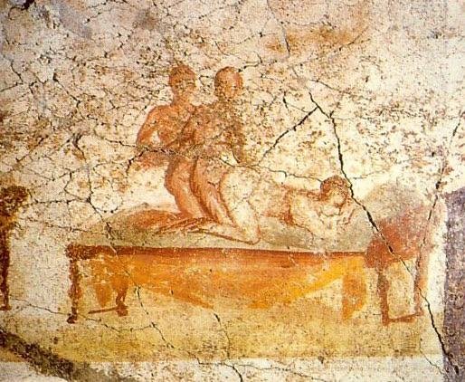"Two men and a woman having sex, illustrated on the walls of a Suburban Bath in Pompeii circa 79 BC." They get it.