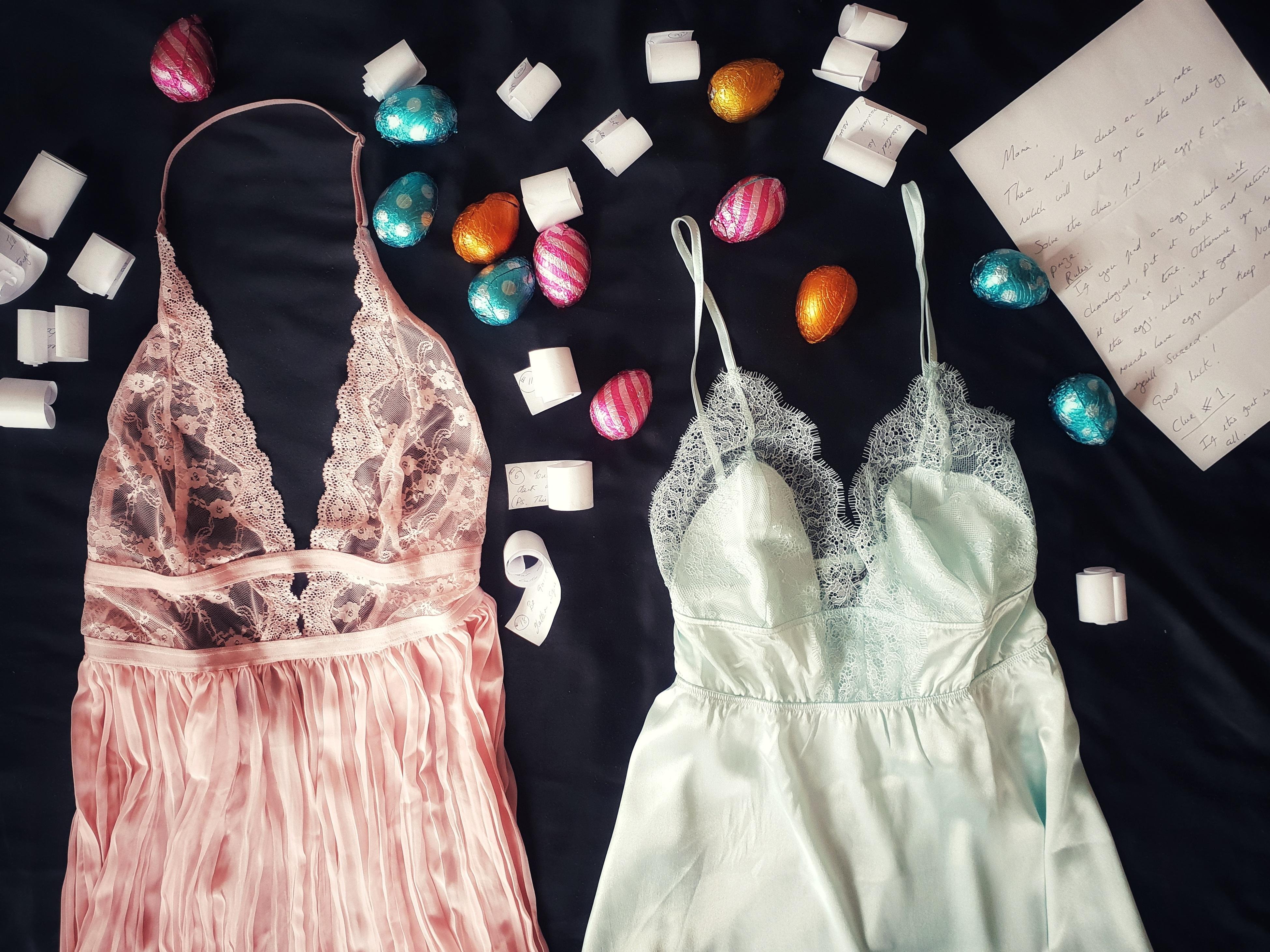 My little girl has never had an easter egg hunt. Today I gave her a belated, 24 clue around-the-house hunt with lingerie as the prize. She won and made me proud!
