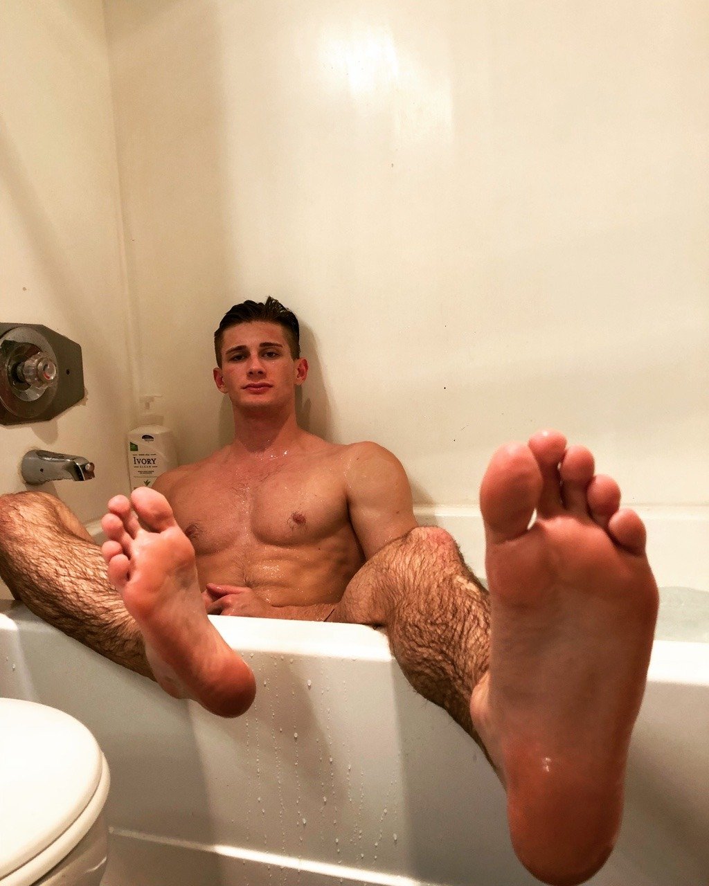 Hairy Legged Straight Jock in the Bathtub