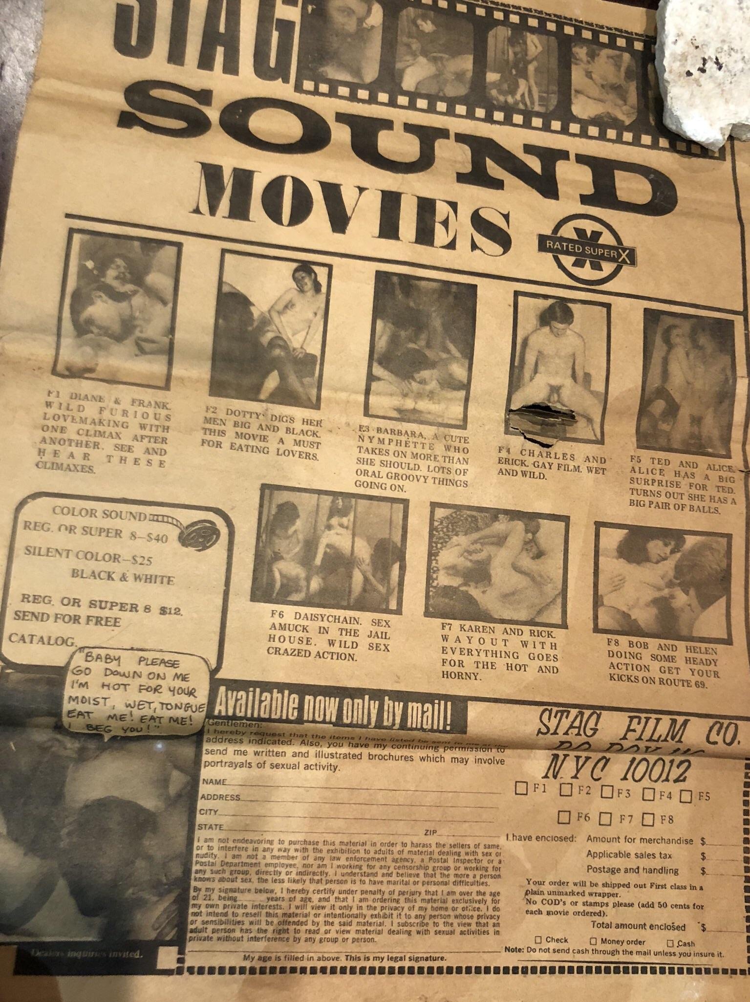 “See and hear these climaxes.” Found this old stag sound movies ad in the attic of the home I just bought.