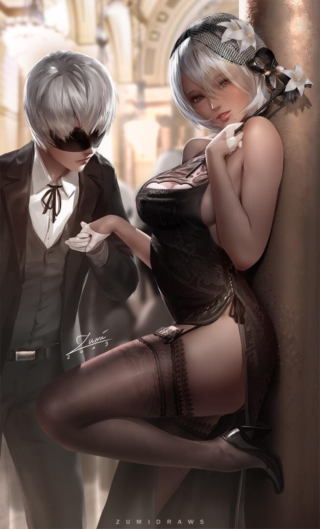 I drew 2B and 9S at the masquerade ball