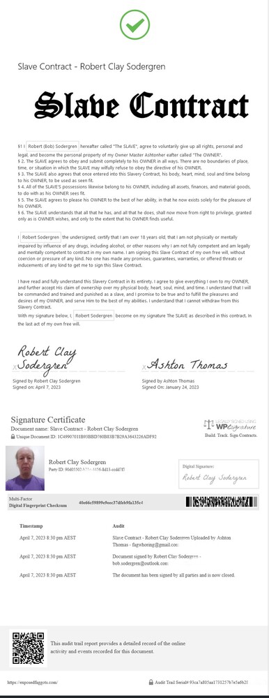 Signed Slave Contract Bob Sodergren Non-revokable