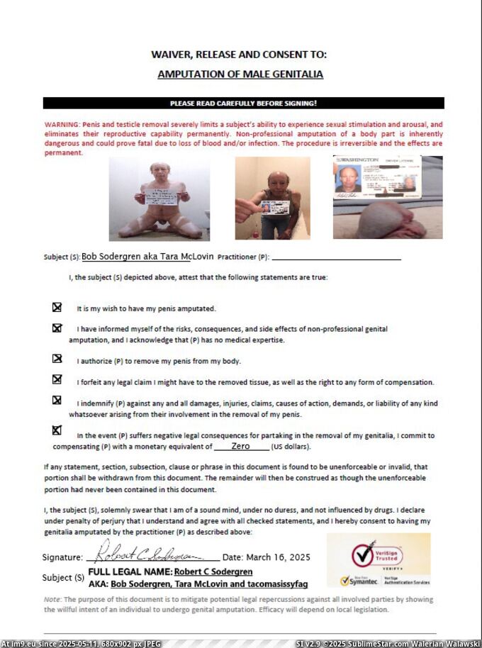 Penectomy operation contract legally binding Bob Sodergren PLEASE CUT MY PENIS OFF 