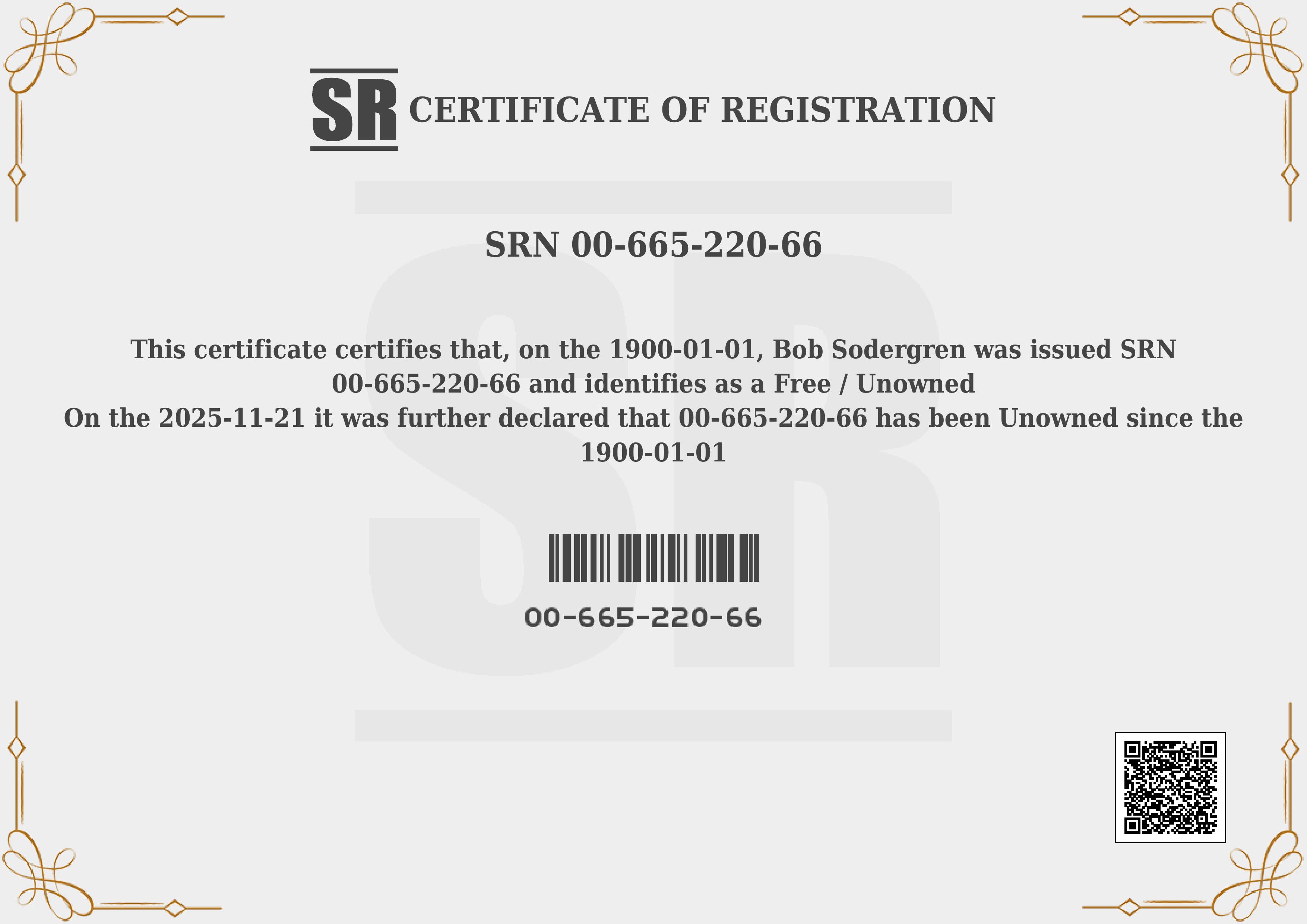 Slave registration card # 00-665-220-66 Bob Sodergren officially registered online