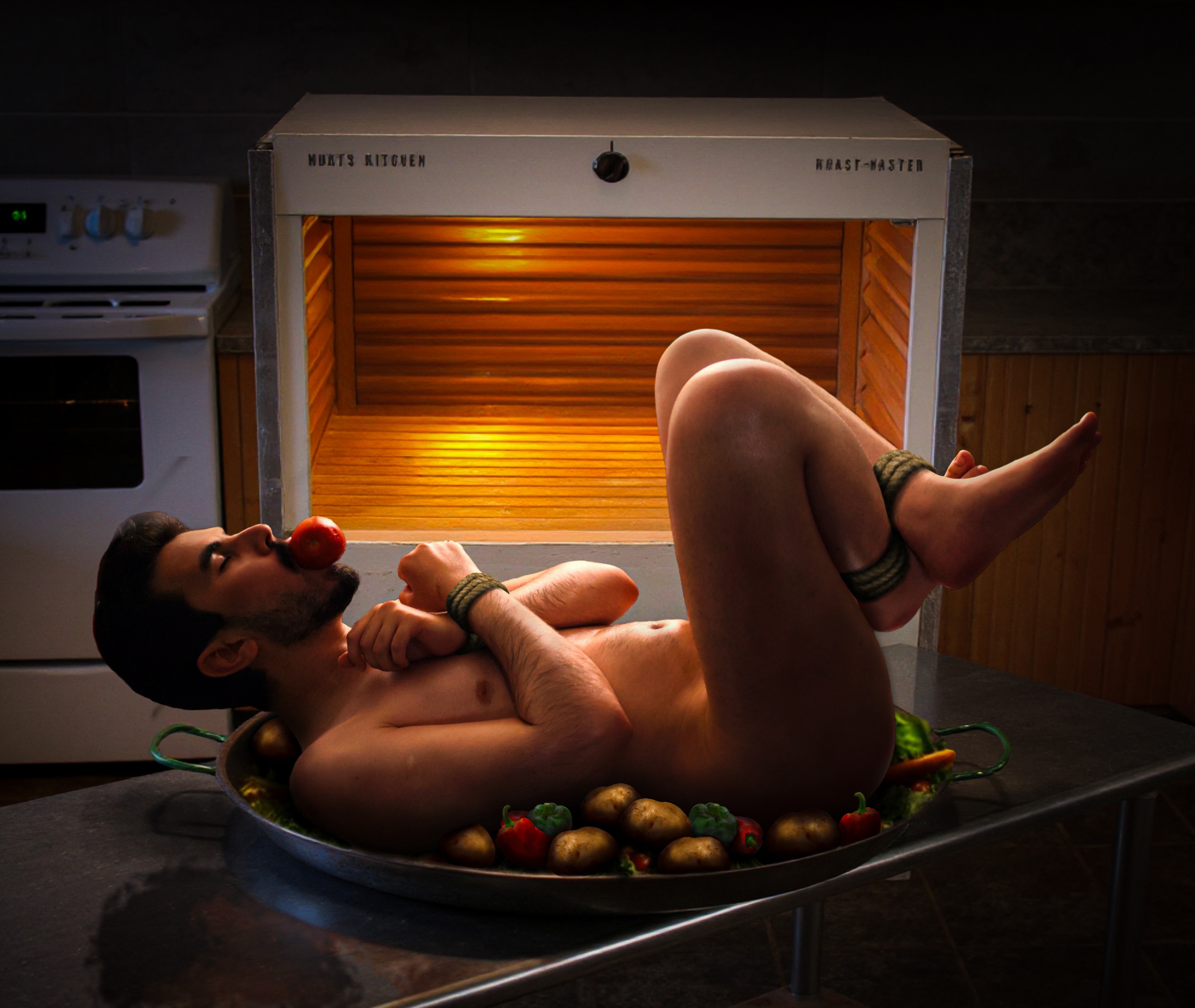 Nude boy dolcett fantasy _ naked man apple gagged thanksgiving role play and ready for oven _ bdsm
