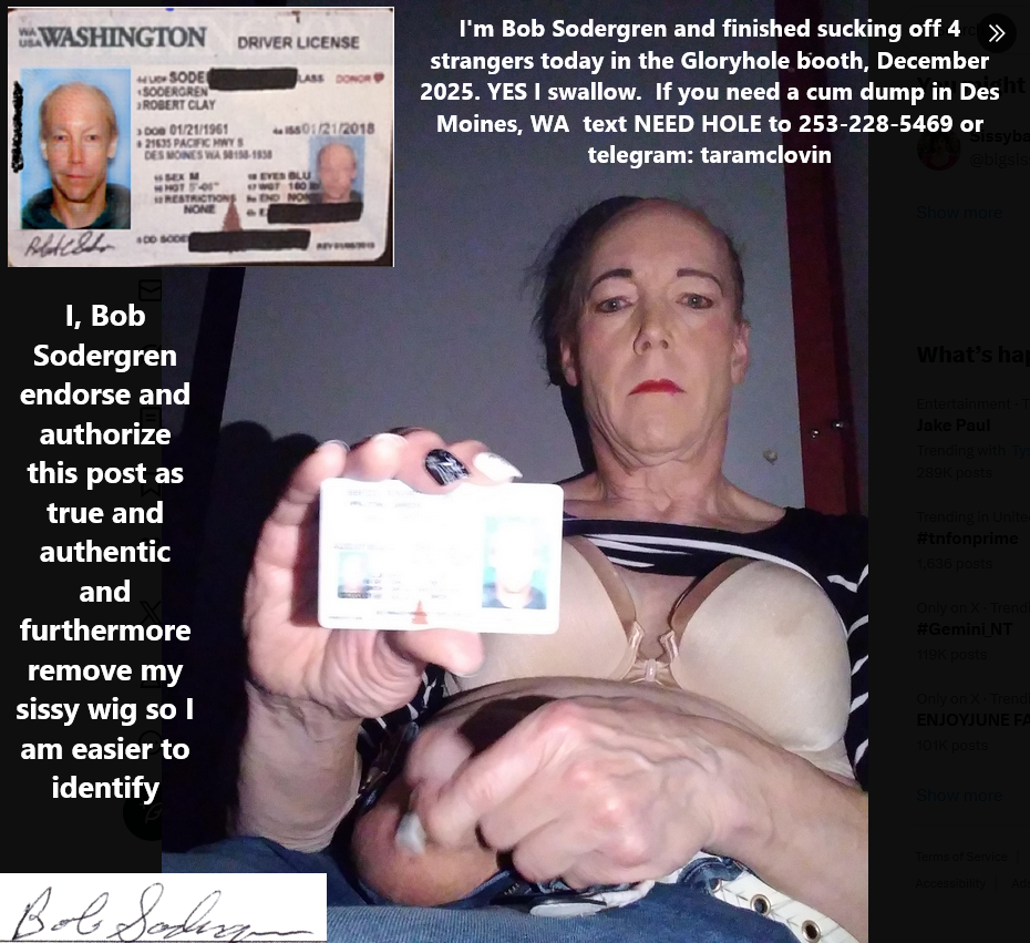 Gloryhole cocksucker Bob Sodergren removes wig to identification. December 2025 APV2 