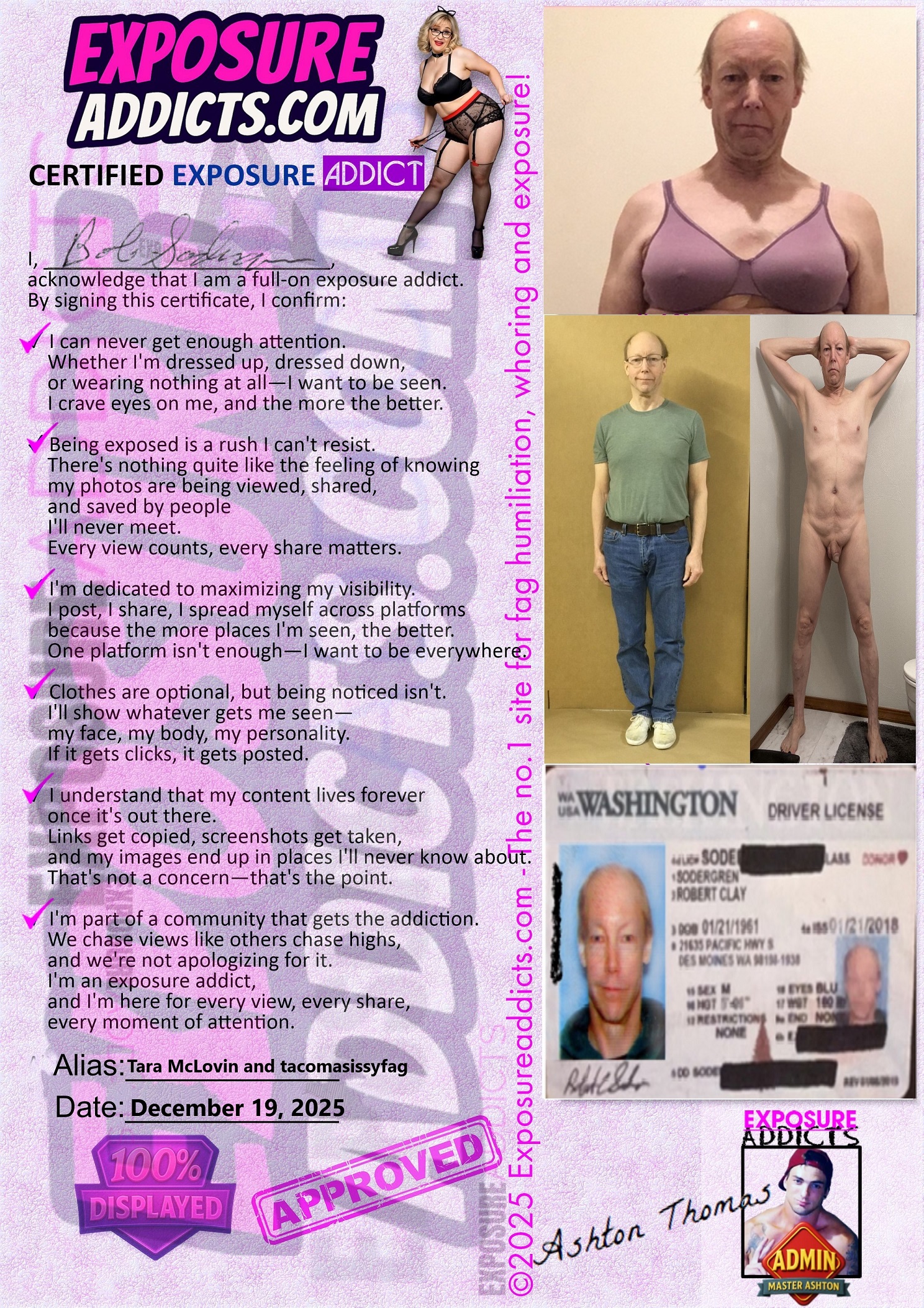 Exposureaddicts.com Bob Sodergren Public Exposure Agreement PEA drivers license proof outed online 