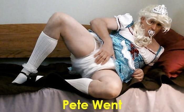 ABDL Diapered sissy Peter Went in pretty blue dress showing off diapers and plasticpants