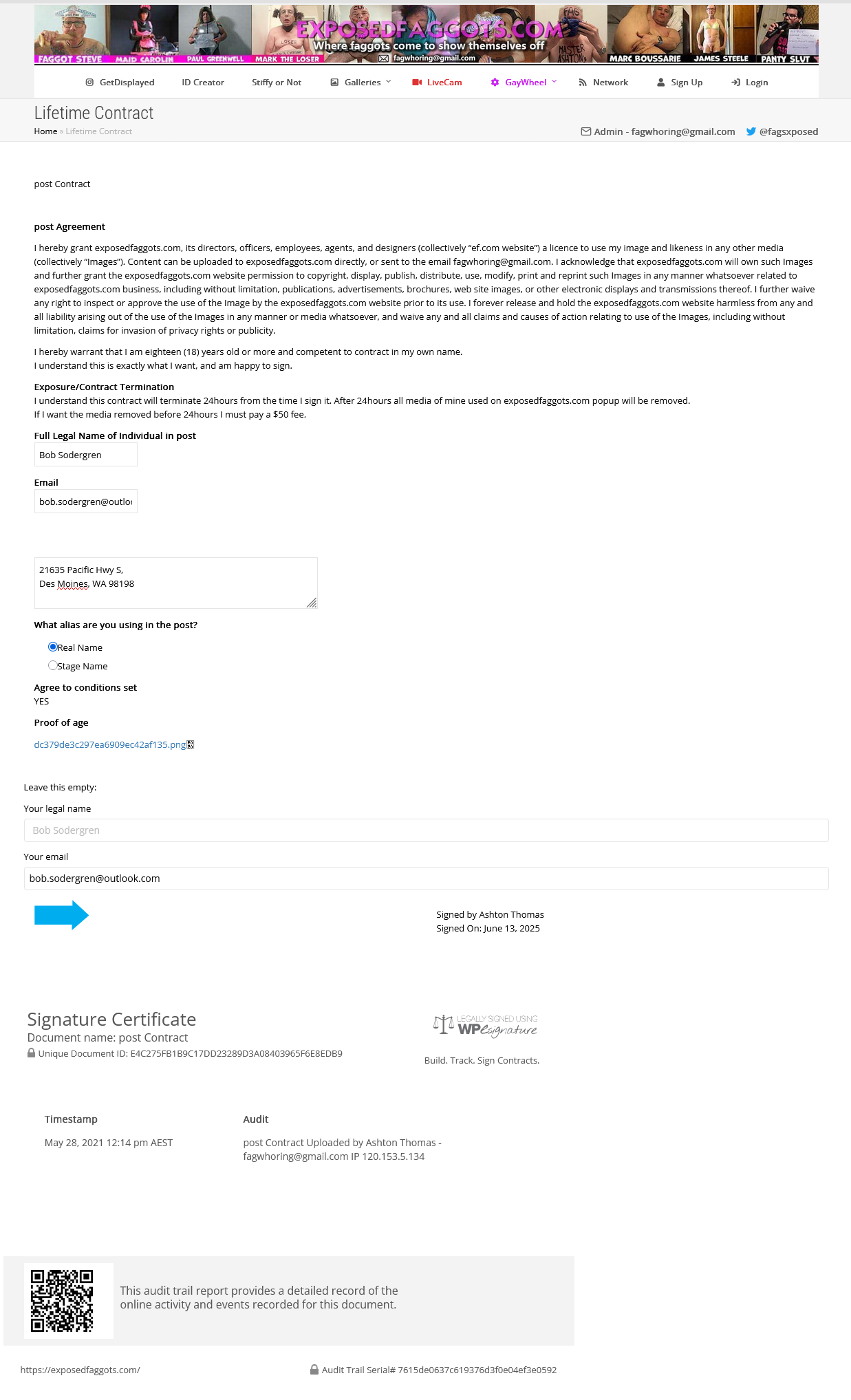 Lifetime Post Agreement of Bob Sodergren to Exposedfaggots.com