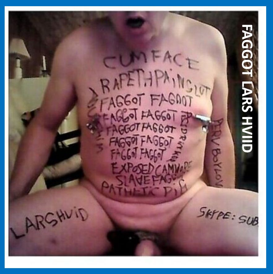 fag and painslut Lars Hviid with bodywriting and clamps