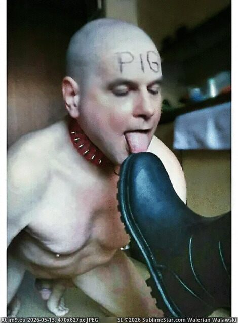slave with a shaved head licks soles
