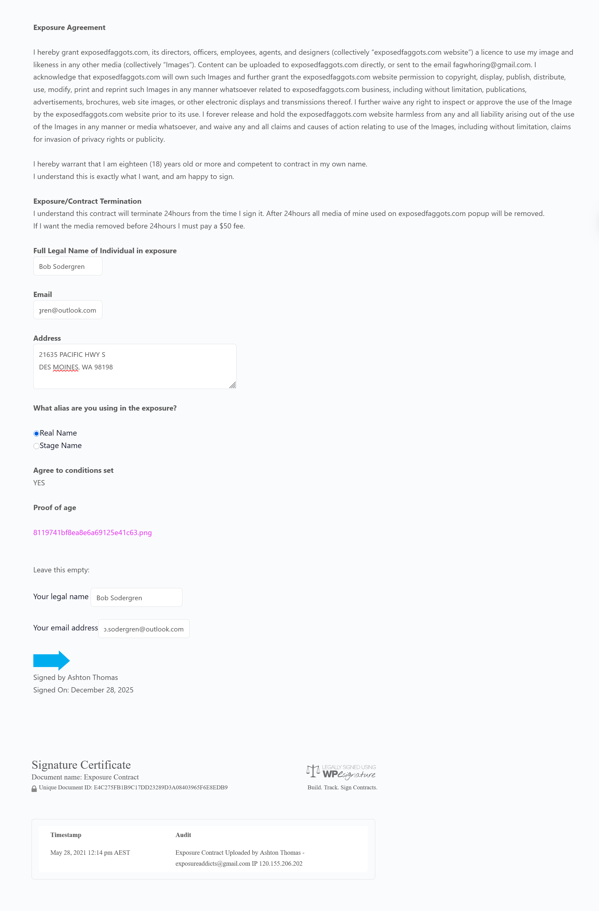 Lifetime Contract – Exposureaddicts.com Bob Sodergren signs legally binding document