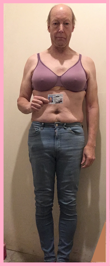 Bob Sodergren proudly shares his drivers license while wearing his purple Vanity Fair bra cunt slut 