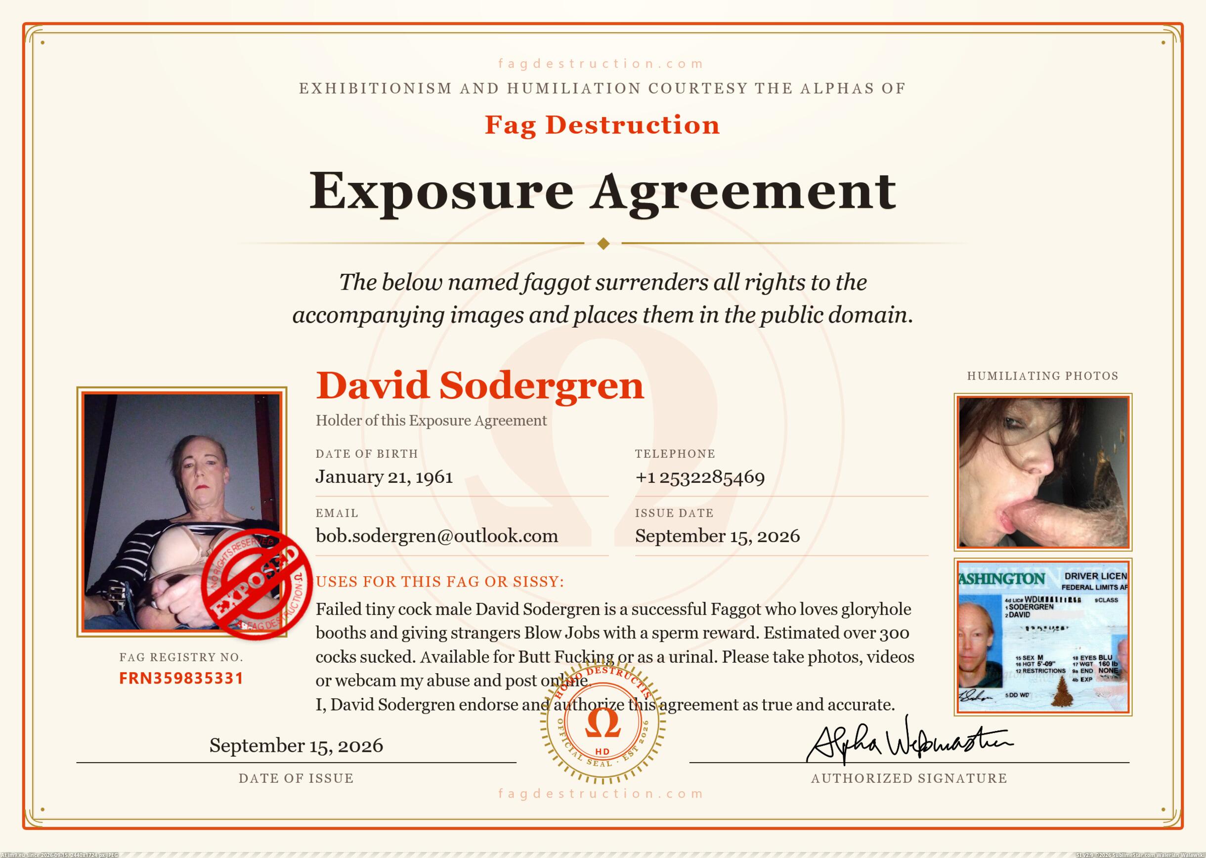 FAG DESTRUCTION Exposure Agreement David Sodergren from Washington State