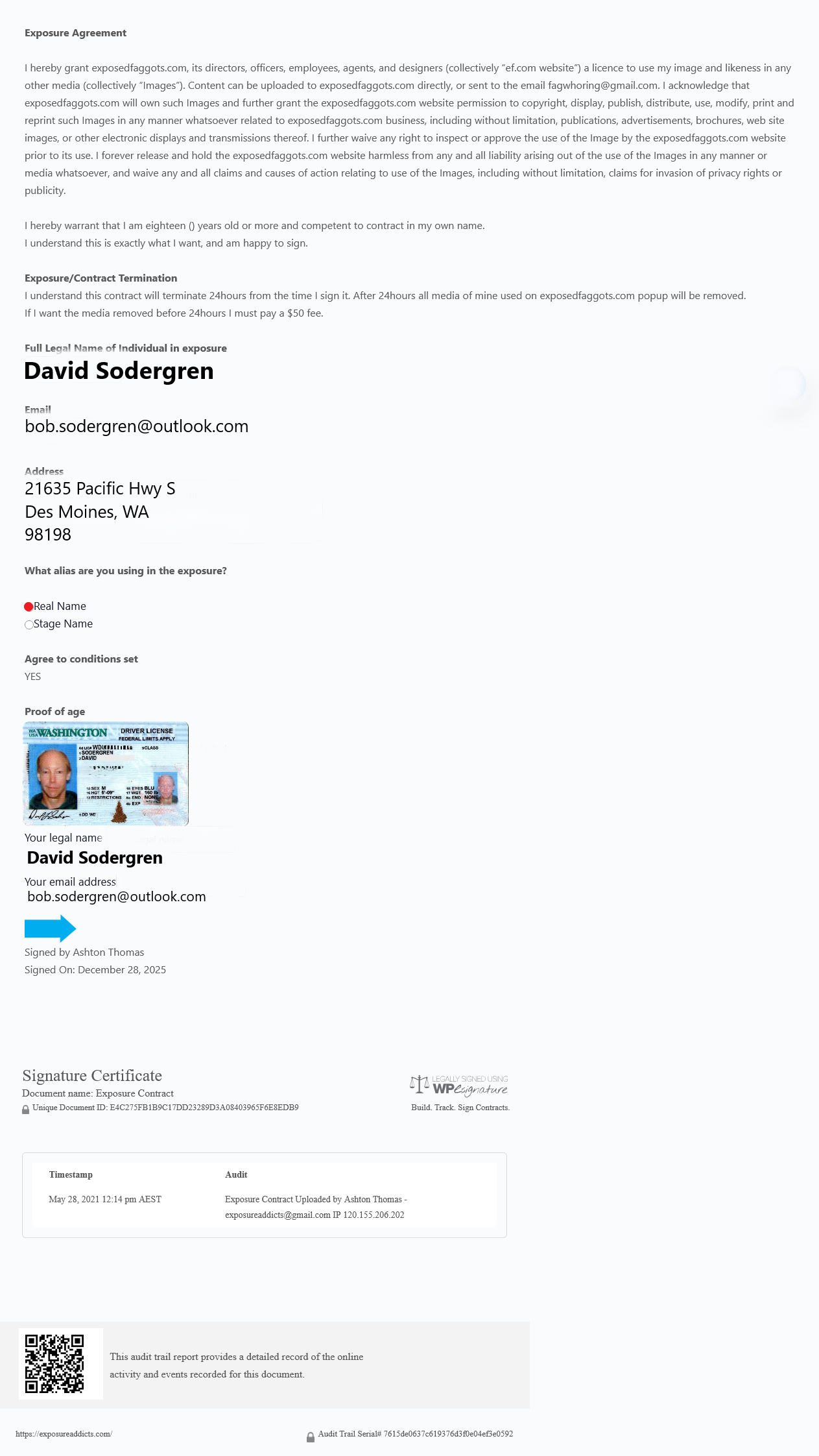 Lifetime Contract for David Sodergren Exposureaddicts.com gay sissy faggot cocksucker in washington 