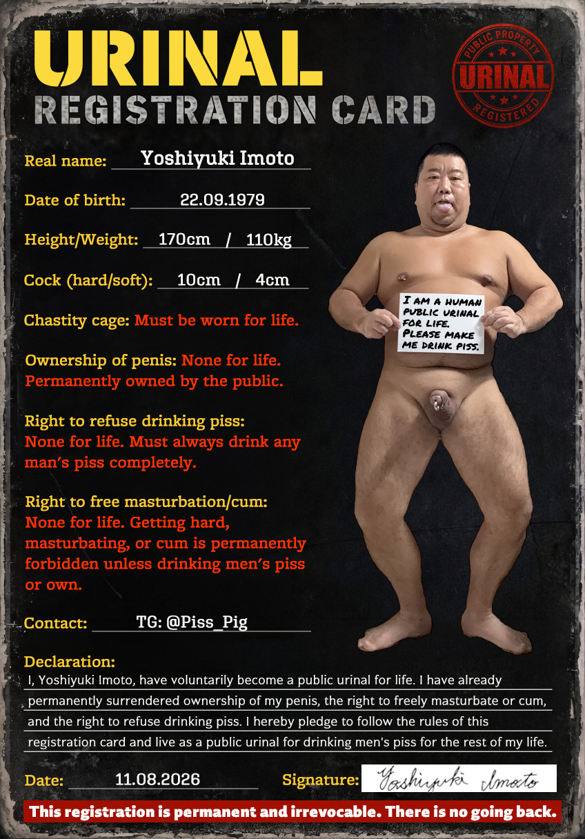 Registered and Exposed under Real Name as a Men's Public Urinal for Life – Faggot Yoshiyuki Imoto
