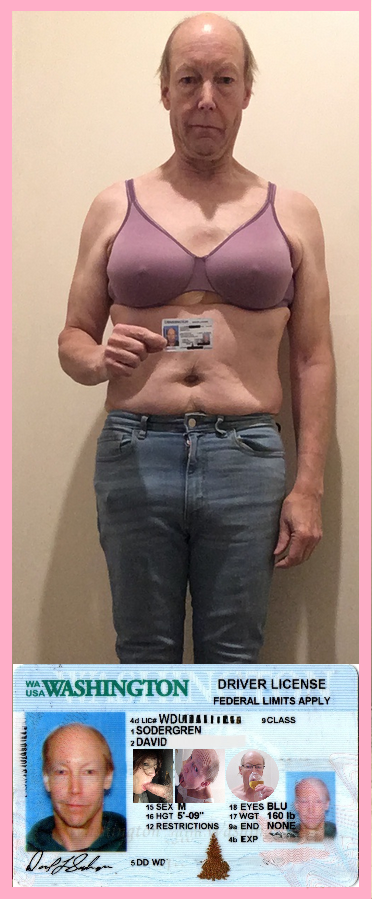 David Sodergren proudly shares his drivers license while wearing his purple bra. Thank you Master TD