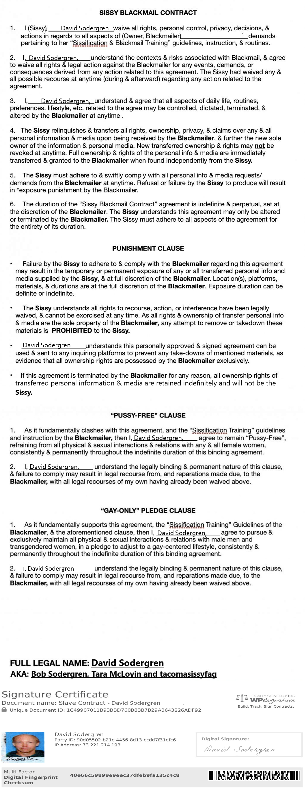 Sissy Blackmail Contract legally signed and authorized David Sodergren Sissy V-2