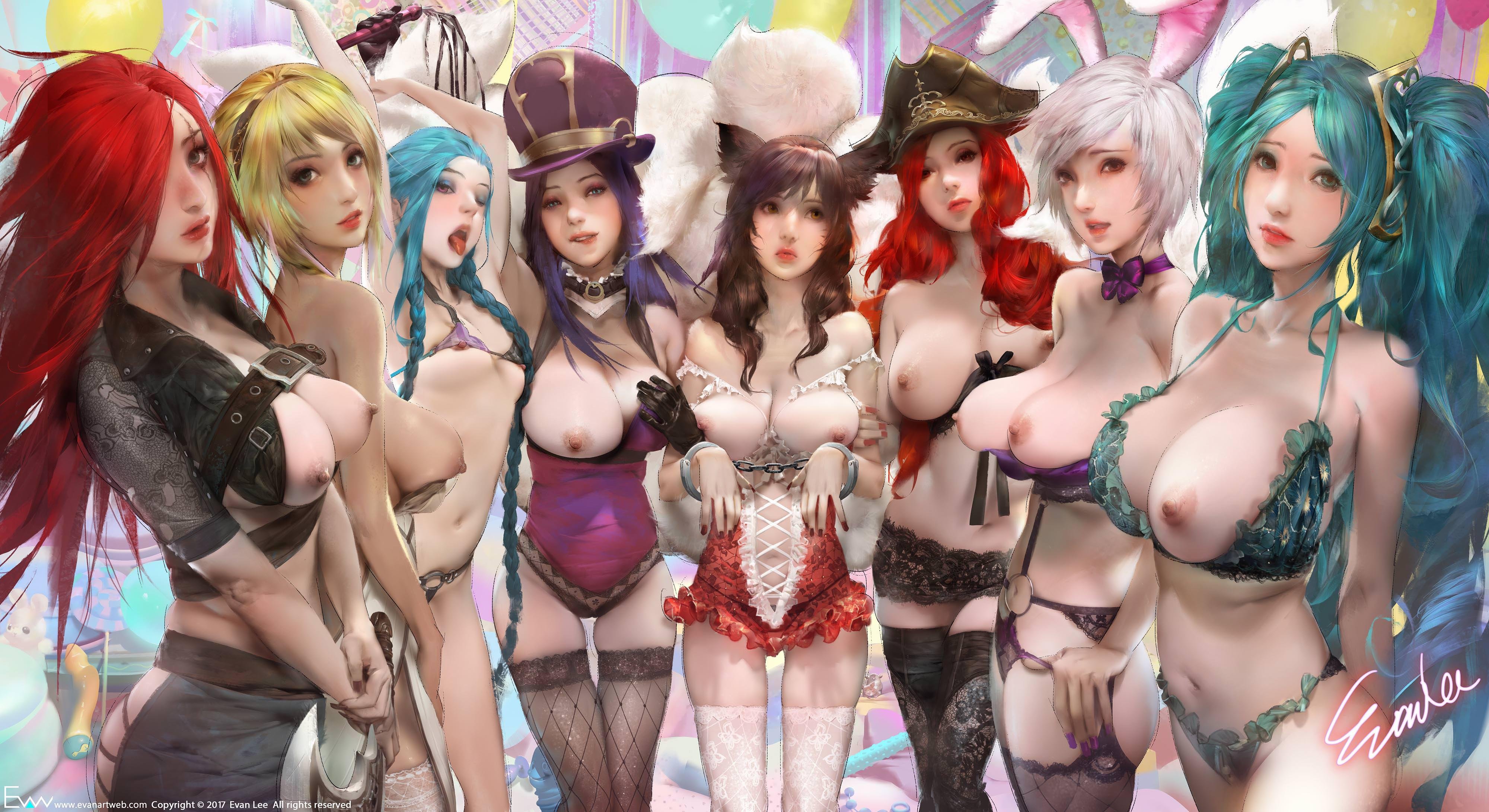 I photoshopped all of the full res versions into one complete version! (Katarina, Lux, Jinx, Ahri, Miss Fortune, Riven, Sonja) [Evan Lee]